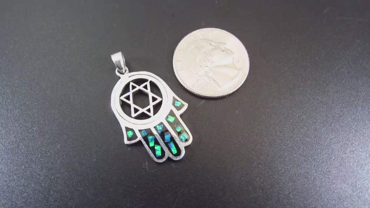 Solid 925 Sterling Silver Hamsa Hand & Star of David Pendant – Jewish Protection Symbol - Lab Opal Inlay - Judaica Gift for Men and Women
