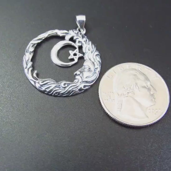 Solid 925 Sterling Silver Wiccan Crescent Moon Face and Star Pendant, Cosmic Celestial Amulet, Pagan Moon Jewelry, Witchy Witch Gift Idea