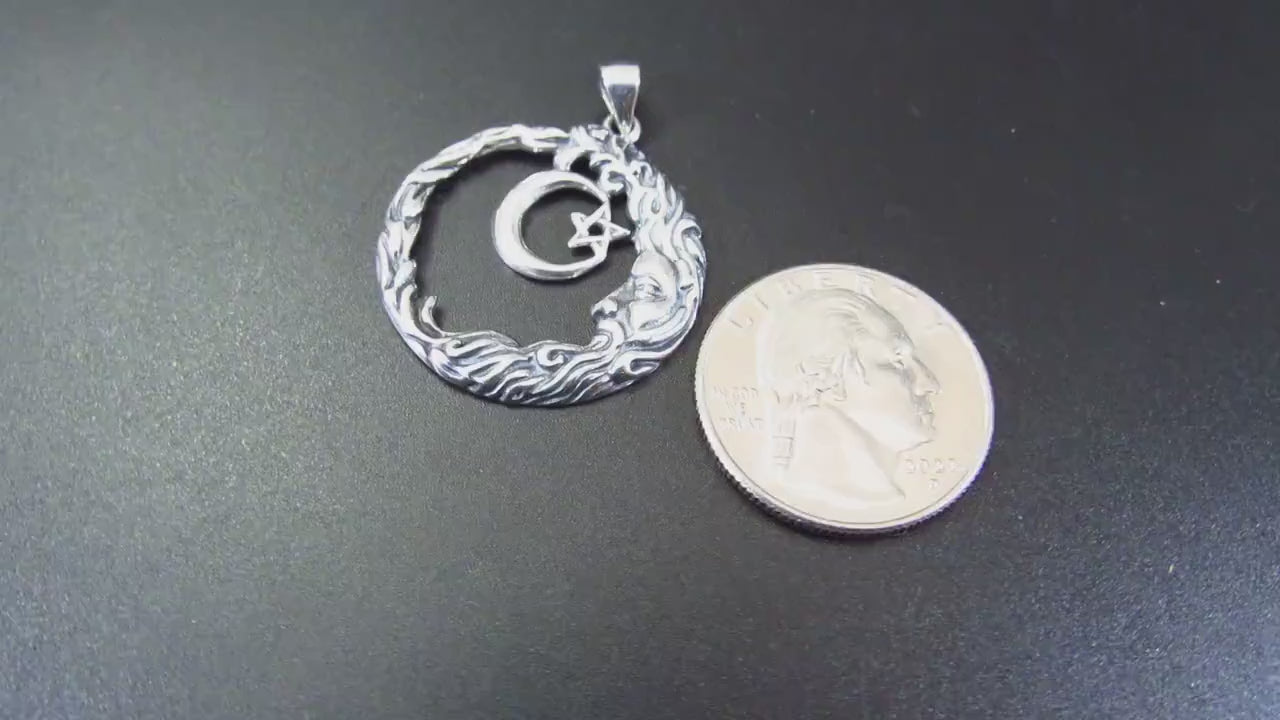 Solid 925 Sterling Silver Wiccan Crescent Moon Face and Star Pendant, Cosmic Celestial Amulet, Pagan Moon Jewelry, Witchy Witch Gift Idea