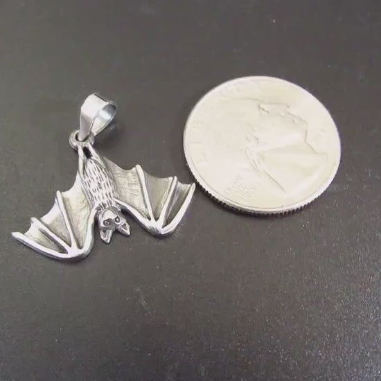 Solid 925 Sterling Silver Hanging Bat Pendant – Gothic Vampire Necklace Charm, Halloween Jewelry, Occult Gift for Men & Women, Bat Totem