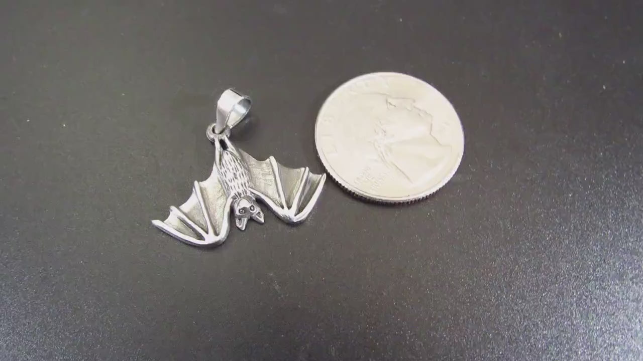 Solid 925 Sterling Silver Hanging Bat Pendant – Gothic Vampire Necklace Charm, Halloween Jewelry, Occult Gift for Men & Women, Bat Totem