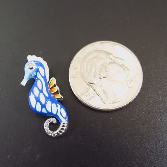 Solid 925 Sterling Silver & Enamel Seahorse Slide Pendant, Blue and White Sea Horse, Handcrafted Sea Lion Charm, Ornate Art Deco Jewelry