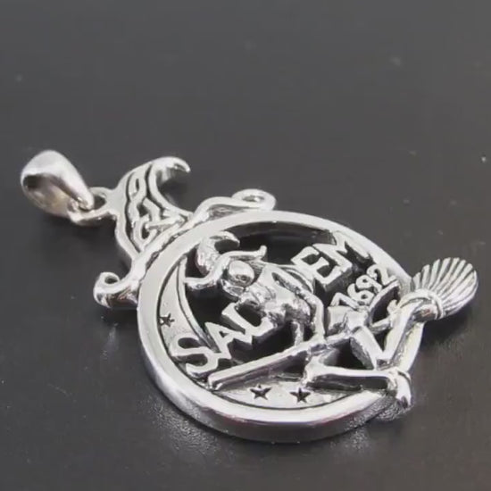 Solid 925 Sterling Silver Salem 1692 Witch Pendant, Broom Riding Witchcraft Amulet