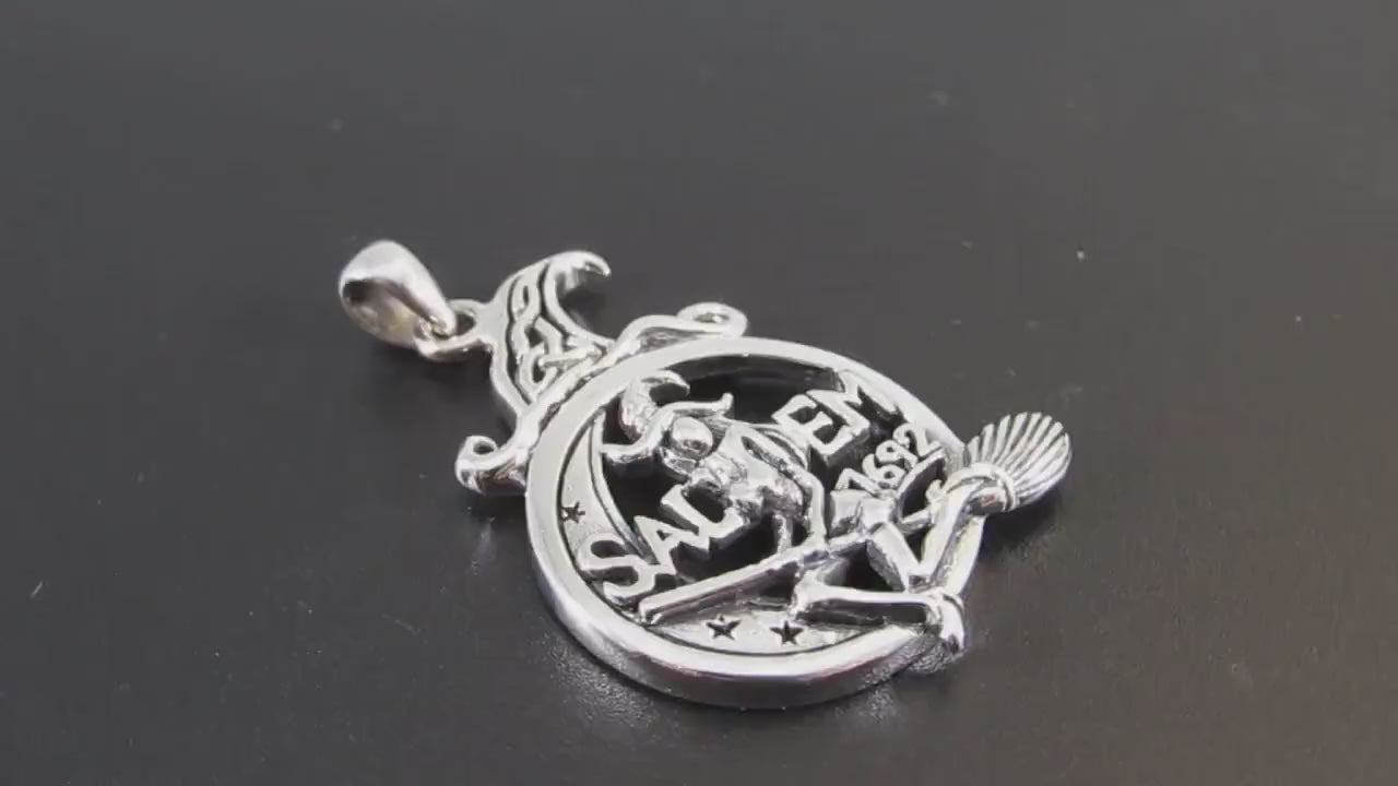 Solid 925 Sterling Silver Salem 1692 Witch Pendant, Broom Riding Witchcraft Amulet