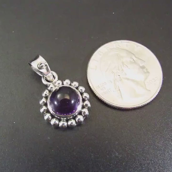 Solid 925 Sterling Silver Round Amethyst Pendant, Handcrafted Small Drop Charm, Deep Purple Cabochon Gemstone, Beaded Balinese Jewelry