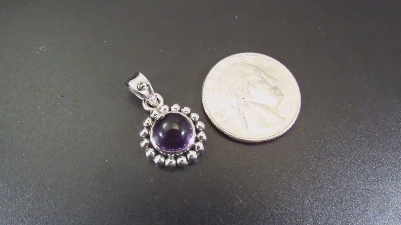 Solid 925 Sterling Silver Round Amethyst Pendant, Handcrafted Small Drop Charm, Deep Purple Cabochon Gemstone, Beaded Balinese Jewelry
