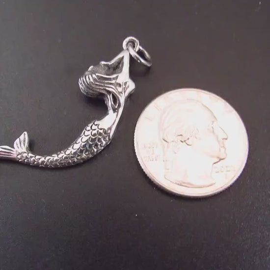 Solid 925 Sterling Silver 3D Mermaid Pendant, Atargatis Jewelry, Sea Siren Necklace Charm, Mermaid Connector Pendant for Bracelet or Chain