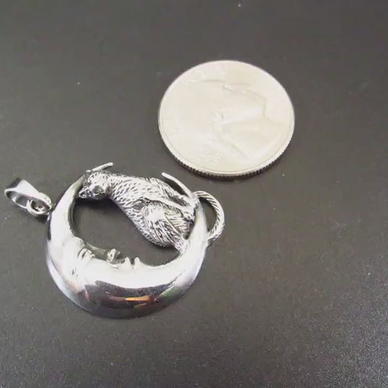 Solid 925 Sterling Silver Cat Familiar on Crescent Moon Pendant, Pagan Amulet, Witchy Jewelry
