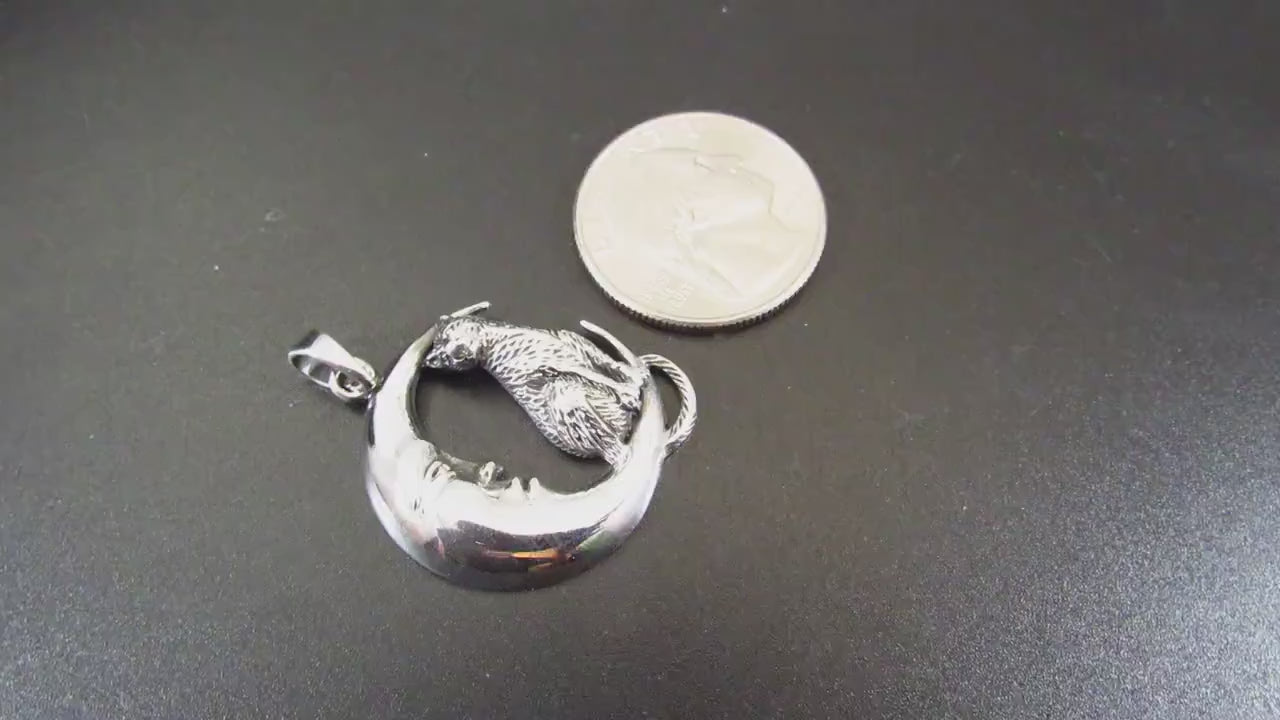Solid 925 Sterling Silver Cat Familiar on Crescent Moon Pendant, Pagan Amulet, Witchy Jewelry