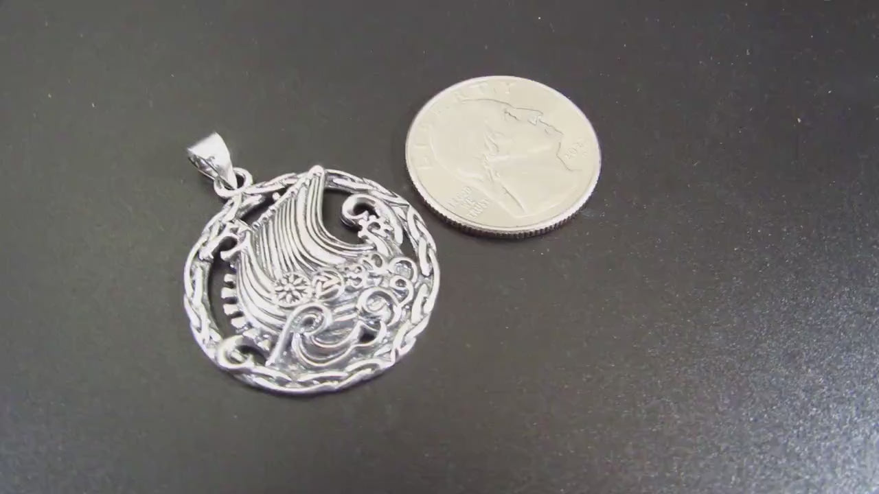 Solid 925 Sterling Silver Viking Ship Pendant, Norse Longboat Necklace Pendant, Ocean Scene Amulet, Silver Longship Charm, Sailboat Jewelry