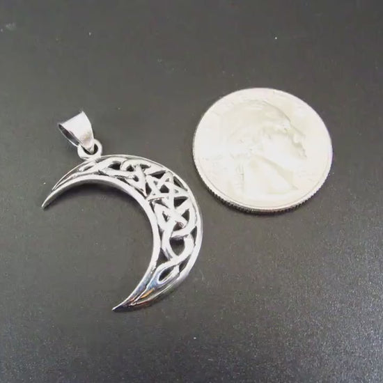 Solid 925 Sterling Silver Crescent Moon Pendant – Celtic Knot Pentagram Amulet – Wiccan Pagan Witch Jewelry – Silver Moon Necklace Charm