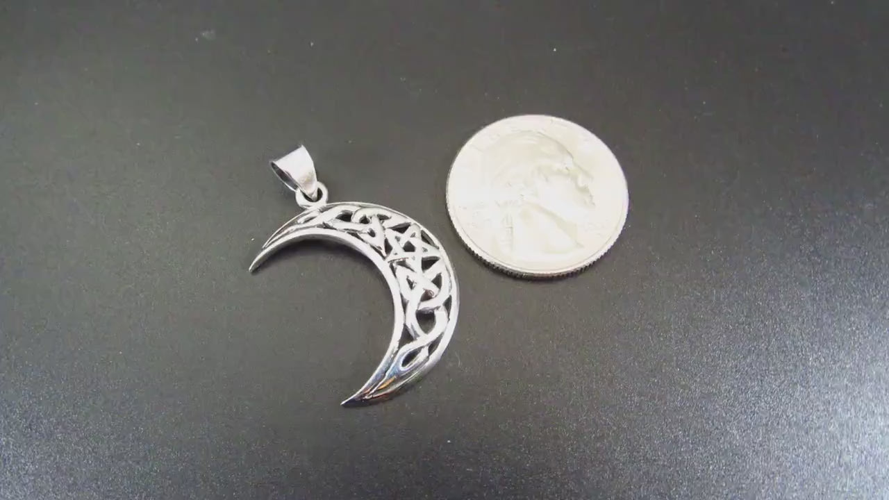 Solid 925 Sterling Silver Crescent Moon Pendant – Celtic Knot Pentagram Amulet – Wiccan Pagan Witch Jewelry – Silver Moon Necklace Charm