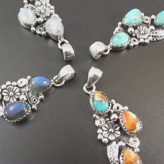 Solid 925 Sterling Silver Flower Pendant With Oval Gemstone Cabochons: Labradorite, Moonstone, Turquoise, Spiny Oyster, Floral Jewelry