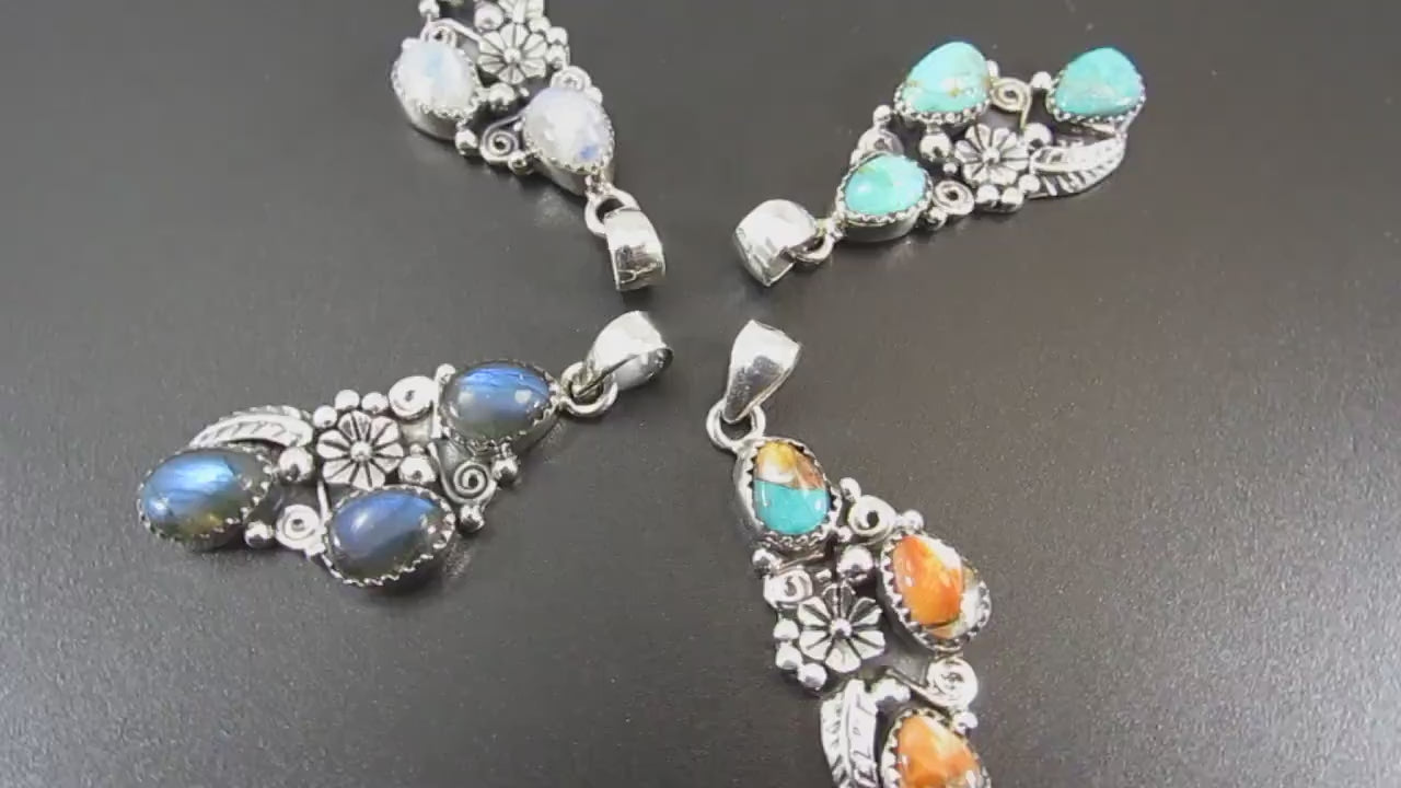 Solid 925 Sterling Silver Flower Pendant With Oval Gemstone Cabochons: Labradorite, Moonstone, Turquoise, Spiny Oyster, Floral Jewelry