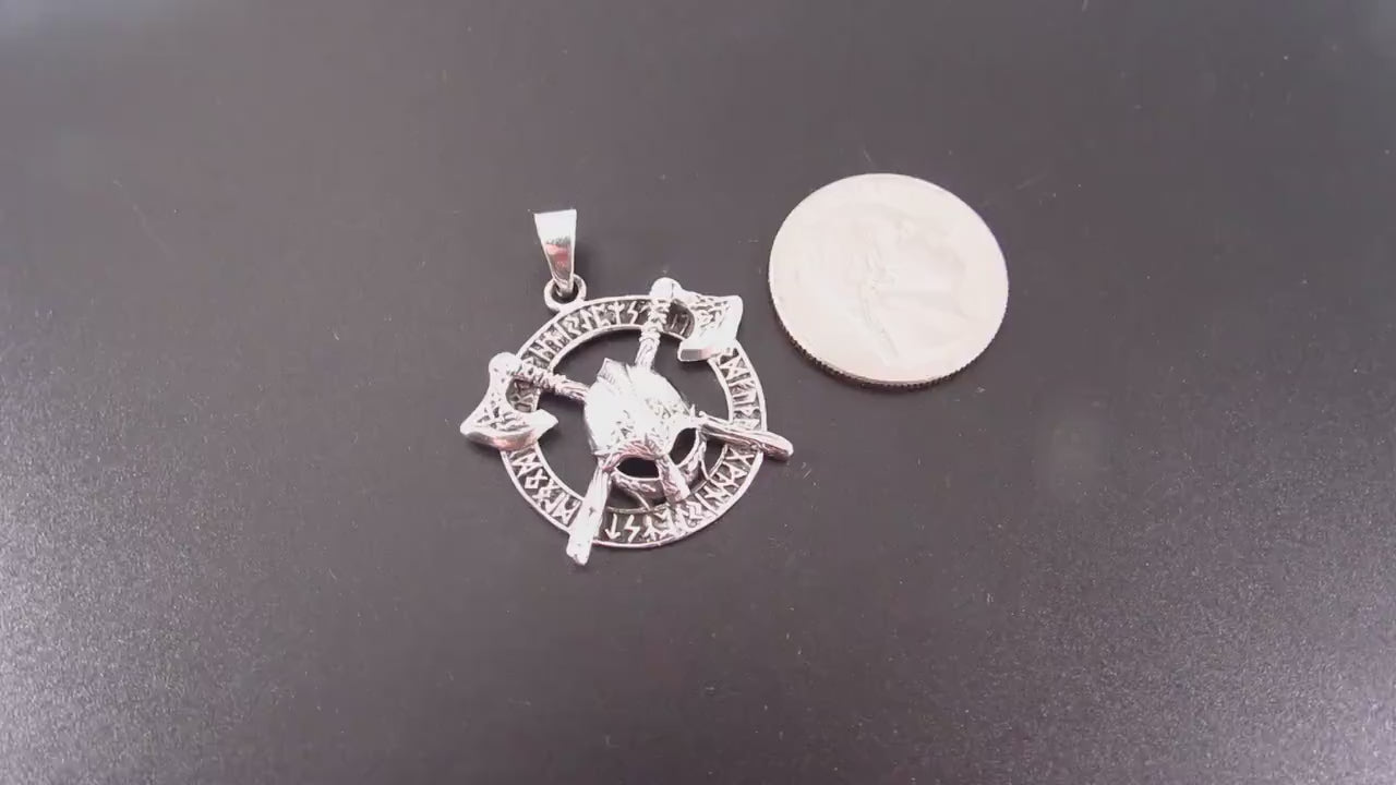 Solid 925 Sterling Silver Viking Warrior Pendant – Norse Helmet and Axe Amulet with Runes – Handcrafted Mythology Jewelry Gift for Men