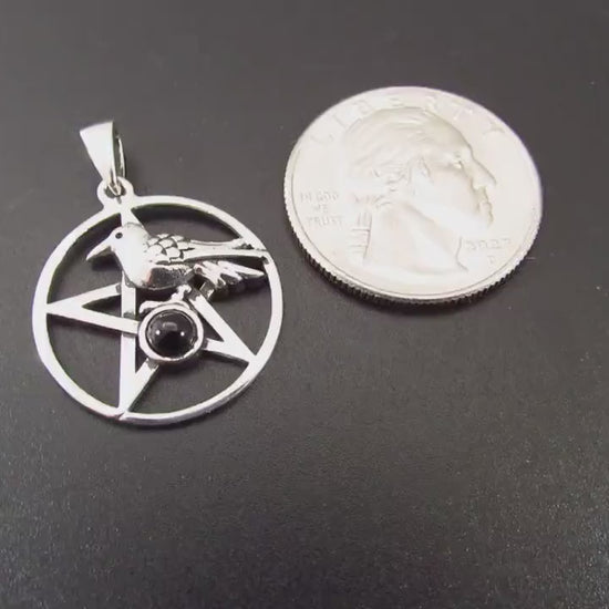 Solid 925 Sterling Silver Crow and Pentacle Pendant with Black Onyx, Gothic Raven Pentagram