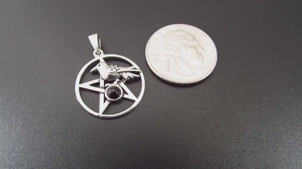 Solid 925 Sterling Silver Crow and Pentacle Pendant with Black Onyx, Gothic Raven Pentagram
